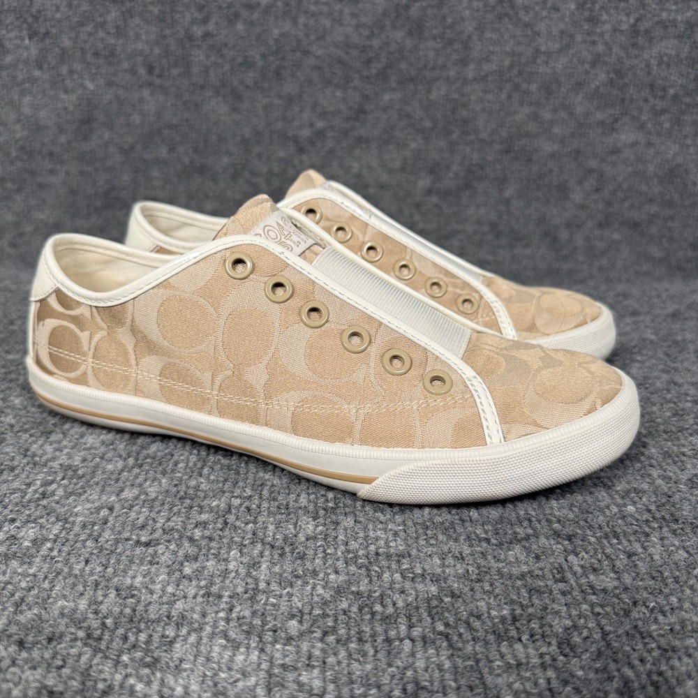Coach Womens 7.5 Sneakers Shoes Gold Tennis Monogram Slip On Laceless Outdoor